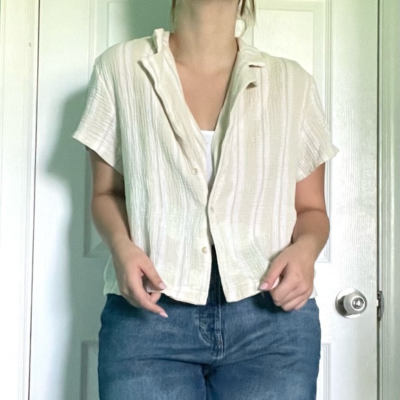 Altar'd State Tops - short-sleeved stripped linen button down